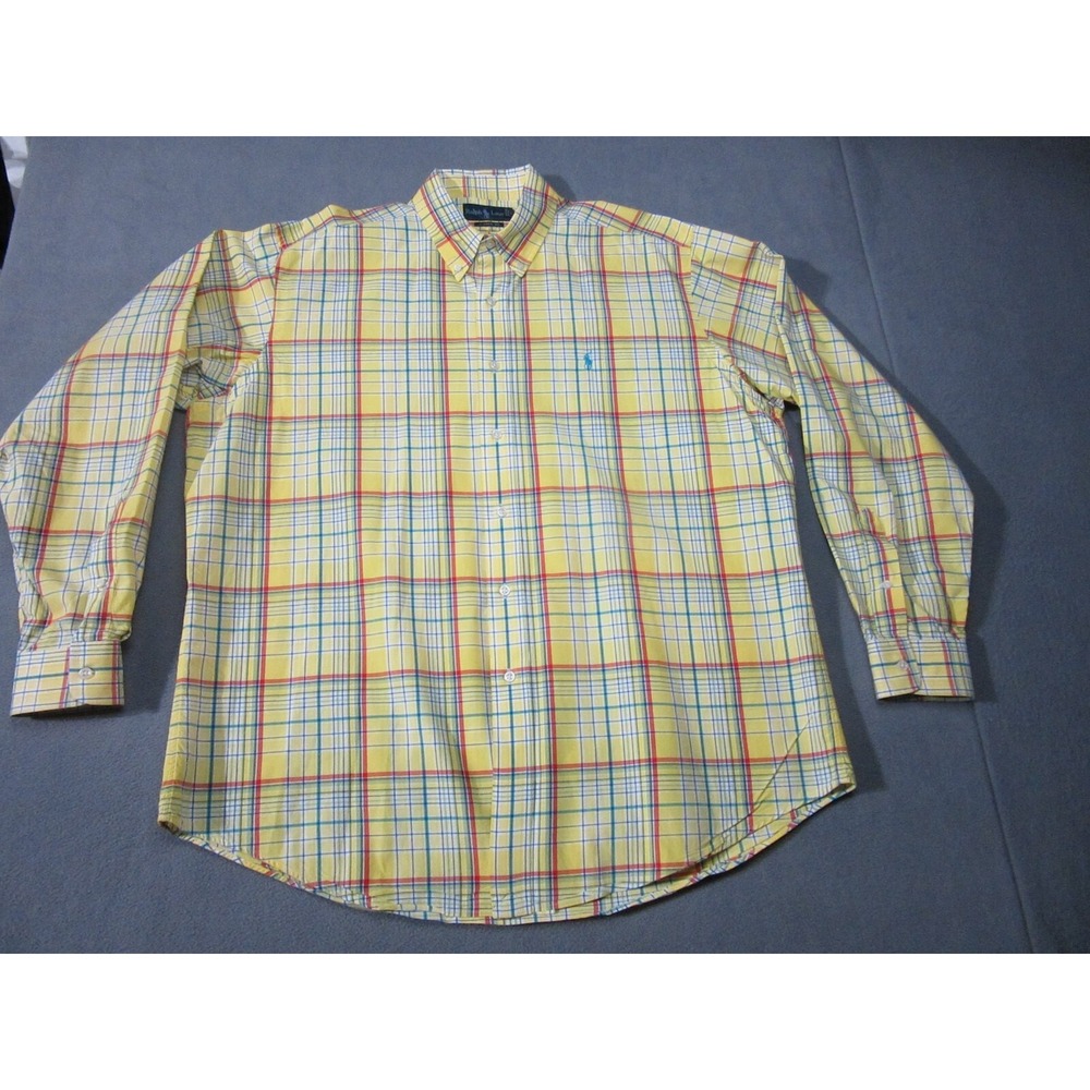 Ralph Lauren Shirt Mens XL Yellow Plaid Classic Fit Long Sleeve Logo Button Down